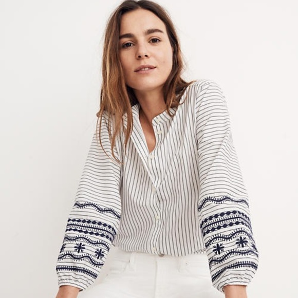 Madewell Tops - Madewell White Striped Embroidered Sleeve Shirt M
